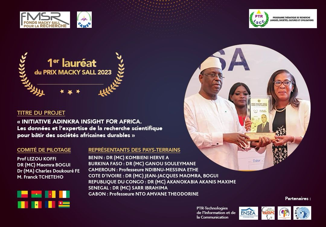 Première Lauréate du Prix Macky Sall de la recherche 2023 (CAMES) — projet « Initiative Adinkra Insight for Africa ».